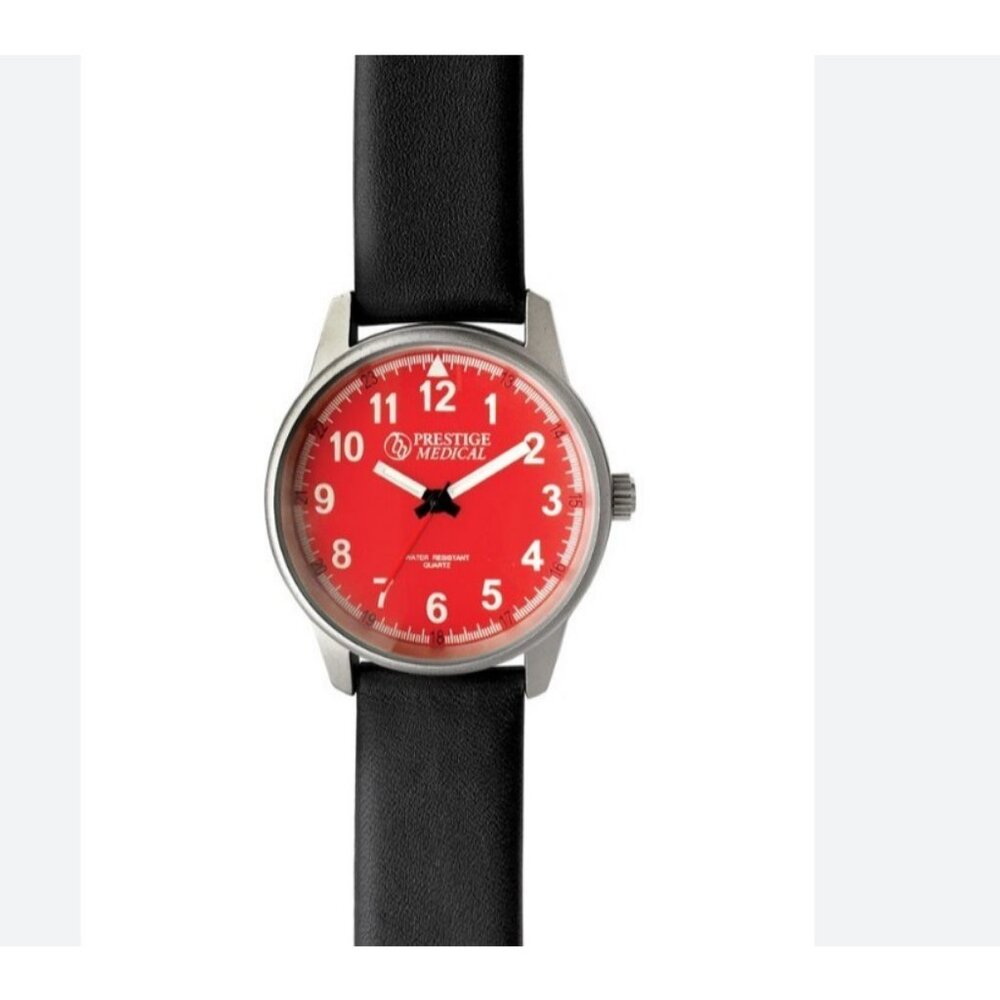 Prestige Medical women's nurse watch water-resistant leather strap -Black / Red